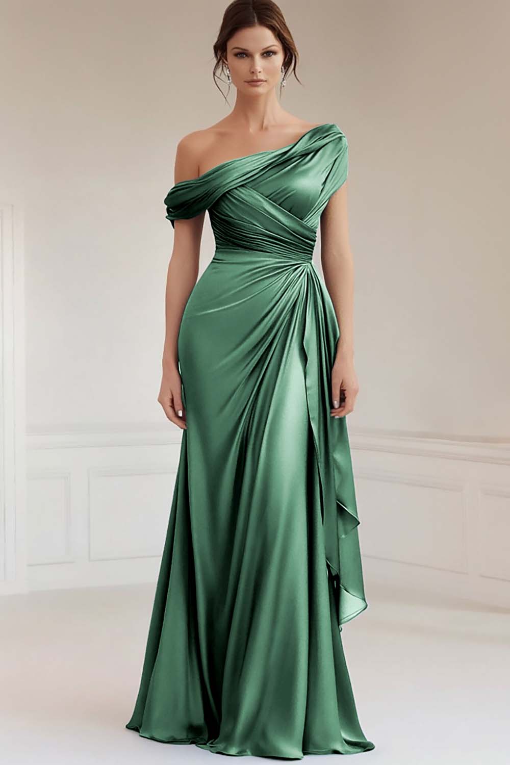 Leely Women Grey Blue Satin One Shoulder Sheath Mother of the Bride Dress Maxi Ruffled Formal Dress leelyuk Leely Women Grey Blue Satin One Shoulder Sheath Mother of the Bride Dress Maxi Ruffled Formal Dress leelyuk
