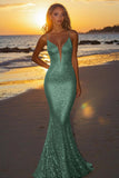 Sparkly Dusty Sage Sequined Spaghetti Straps Mermaid Formal Dress
