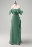 Light Green Ruffled Off The Shoulder Chiffon Bridesmaid Dress with Slit