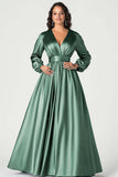 Dark Green A-Line Satin Mother of the Bride Dress with Long Sleeves
