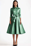 3/4 Sleeves A-Line Dusty Sage Knee Length Formal Dress with Sash