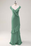 Dusty Sage V-Neck Mermaid Chiffon Bridesmaid Dress with Ruffles