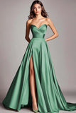 A Line Dusty Blue Strapless Sweetheart Maxi Prom Dress with Slit