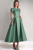 Dusty Sage A-Line Satin Short Sleeves Mother of the Bride Dress