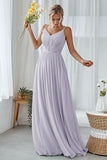 Mint Green A Line V Neck Long Pleated Bridesmaid Dress