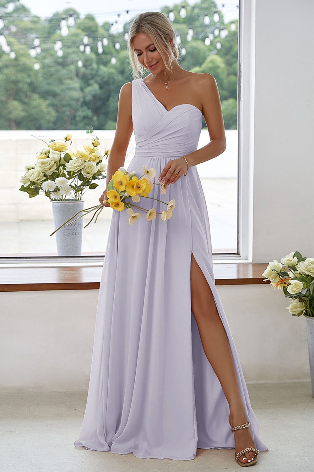 Leely Women Peach Long Bridesmaid Dress One Shoulder Chiffon Formal Dress With Side Slit leelyuk Leely Women Peach Long Bridesmaid Dress One Shoulder Chiffon Formal Dress With Side Slit leelyuk