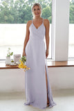Burgundy A Line Long Bridesmaid Dress With Slit