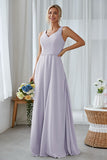 Silver A Line Chiffon Long Bridesmaid Dress With Pockets