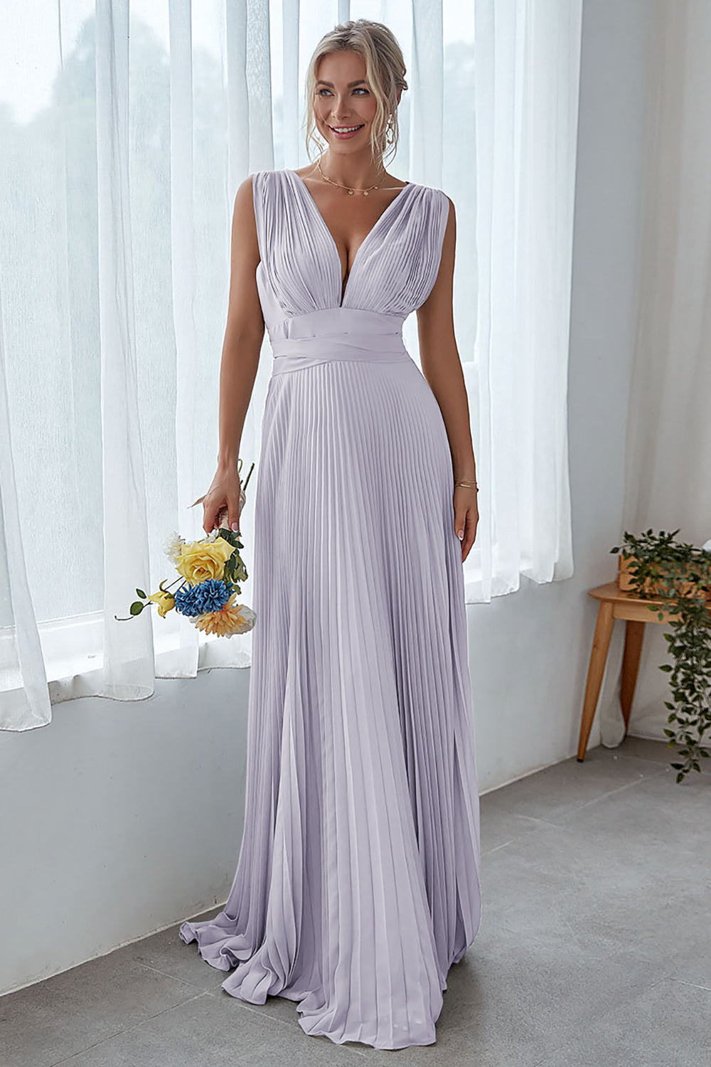 Leely Women Dolphin Grey Long Bridesmaid Dress A Line V Neck Pleated Formal Dress – leelyuk