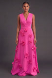 Fuchsia and Orange Floral A Line V-Neck Long Formal Dress
