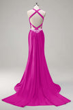 Pink Beaded Corset Satin Mermaid Sweep Train Prom Dress