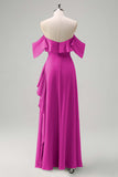 Blush Pink Ruffled Maxi Chiffon Bridesmaid Dress with Slit