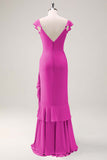 Dusty Sage V-Neck Mermaid Chiffon Bridesmaid Dress with Ruffles