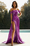 Metallic Golden Off the Shoulder Sheath Prom Dress with Slit