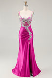 Sparkly Blush Corset Mermaid Sequins Maxi Prom Dress with Slit