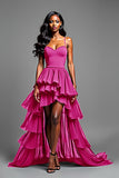 A Line Black Spaghetti Straps Tiered High Low Prom Dress with Ruffles