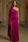 Sheath Velvet Dark Green One Shoulder Long Holiday Party Dress with Slit