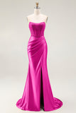 Sparkly Blush Strapless Mermaid Ruched Long Prom Dress with Slit