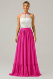 Dusk A-Line Halter Pleated Keyhole Chiffon Bridesmaid Dress With Lace
