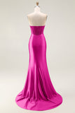 Sparkly Blush Strapless Mermaid Ruched Long Prom Dress with Slit