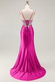 Sparkly Blush Corset Mermaid Sequins Maxi Prom Dress with Slit