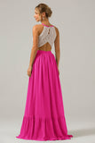 Dusk A-Line Halter Pleated Keyhole Chiffon Bridesmaid Dress With Lace
