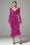 Burgundy Velvet Mermaid Ruched Holiday Party Dress with Ruffles