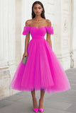 Yellow Tulle Off the Shoulder A Line Midi Formal Dress