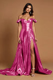 Golden A Line Ruffled Metallic Maxi Prom Dress with Slit