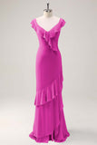 Dusty Sage V-Neck Mermaid Chiffon Bridesmaid Dress with Ruffles