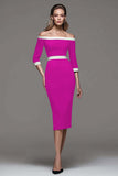 Black and White Patchwork Off the Shoulder Pencil Midi Work Dress with Sleeves
