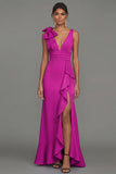 Dark Green Mermaid Ruffled V Neck Long Formal Dress with Slit