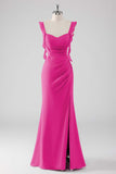 Dusty Blue Sheath Ruffled Maxi Bridesmaid Dress with Slit