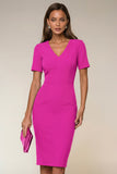 Navy Bodycon V Neck Short Sleeves Midi Work Dress