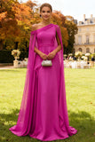 Dark Green Long One Shoulder Chiffon Wedding Guest Dress with Cape
