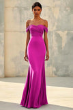 Red Off the Shoulder Sheath Chiffon Pleated Formal Dress