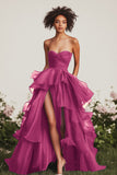 A Line Navy Sweetheart Flowy Maxi Formal Dress with Ruffles