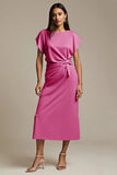 Maxi Pink Boat Neck Satin Ruched Work Dress with Sleeves