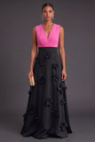 Fuchsia and Orange Floral A Line V-Neck Long Formal Dress