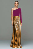 Metallic Red and Gold One Shoulder Mermaid Velvet Long Holiday Party Dress