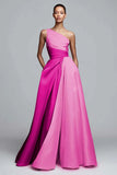 Pink Satin One Shoulder A Line Maxi Formal Dress