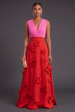 Fuchsia and Orange Floral A Line V-Neck Long Formal Dress