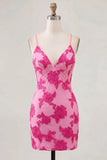 Fuchsia Floral Bodycon Short Cocktail Party Dress