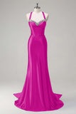 Pink Beaded Corset Satin Mermaid Sweep Train Prom Dress