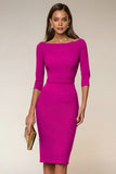 Navy Boat Neck Pencil Midi Work Dress with Slit