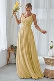 Mint Green A Line V Neck Long Pleated Bridesmaid Dress
