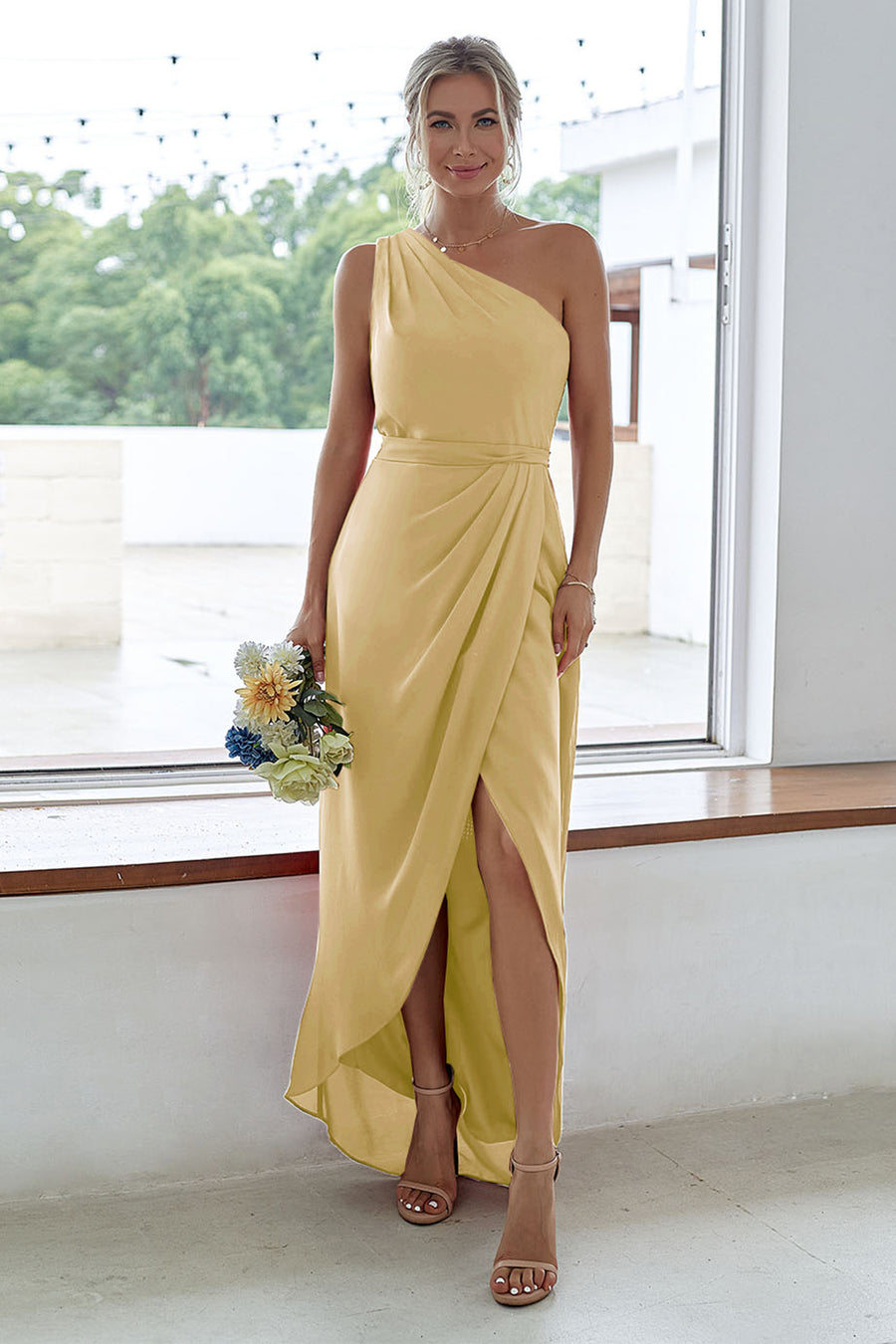 slim fit dress slacks Satin Off-Shoulder Maxi Bridesmaid Dress with Lace-up Back & Slit main image 1