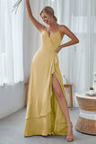 Slate Blue A Line Ruffles Long Bridesmaid Dress With Split