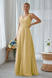 Silver A Line Chiffon Long Bridesmaid Dress With Pockets