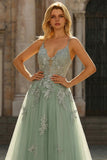 Spaghetti Straps A Line Green Long Prom Dress with Criss Cross Back